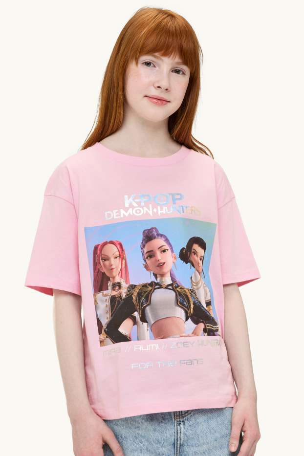 Kinderen: meisjes - KPop Demon Hunters - T-shirt - glanseffect - fuchsiarood