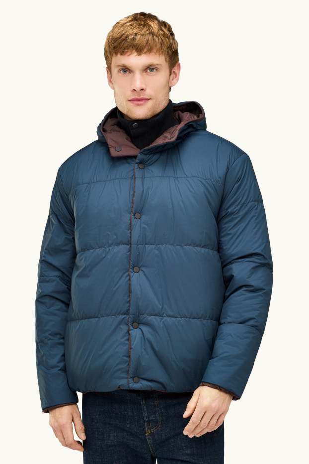 Hommes - Doudoune réversible avec capuche - doublée - finition déperlante - marron / bleu foncé