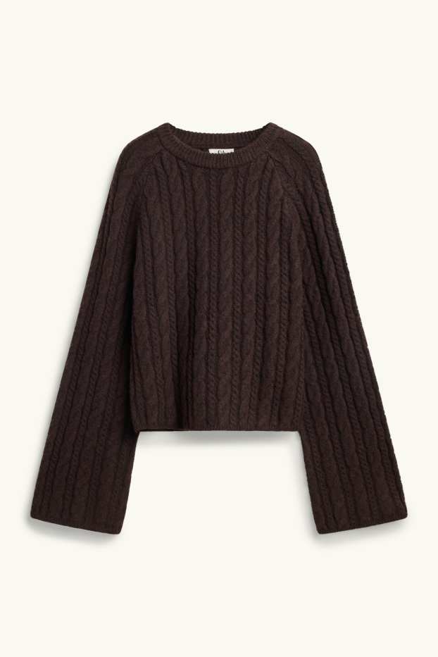 Women - Jumper - cable knit pattern - dark brown
