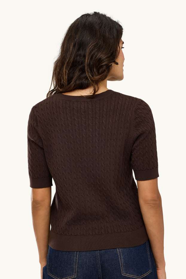 Femmes - Pull en maille - manches courtes - motif tressé - marron foncé
