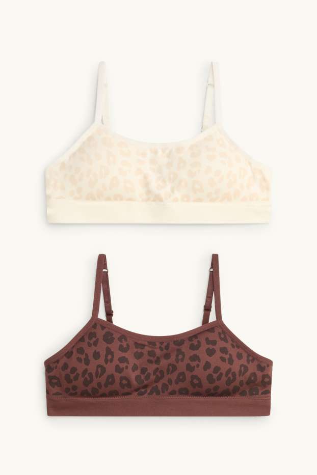 Kinderen: meisjes - Set van 2 - bustier - gewatteerd - naadloos - opgedrukt luipaardvel - beige / bruin