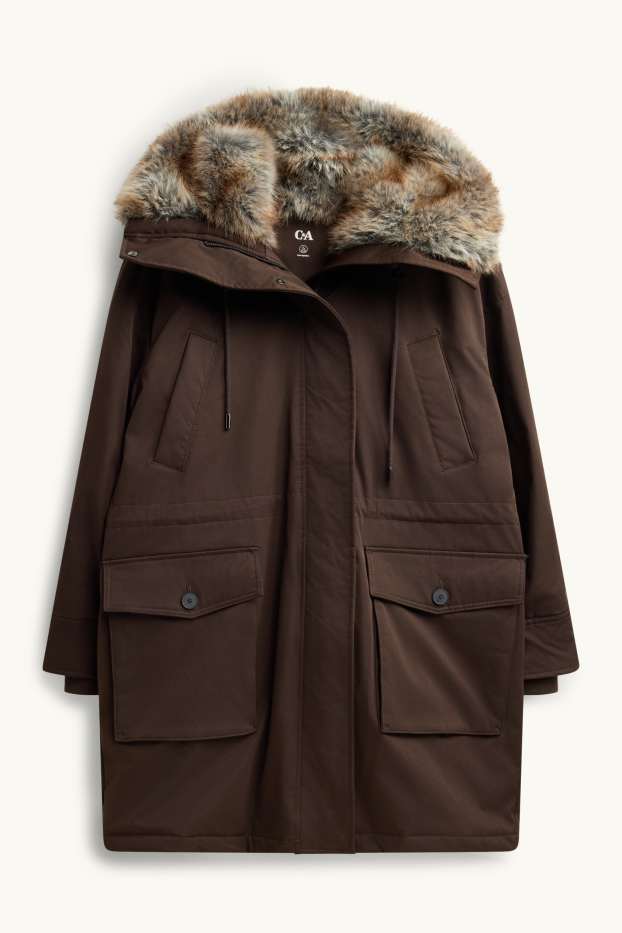 Femmes - Parka avec capuche et garniture en imitation fourrure - finition déperlante - marron foncé
