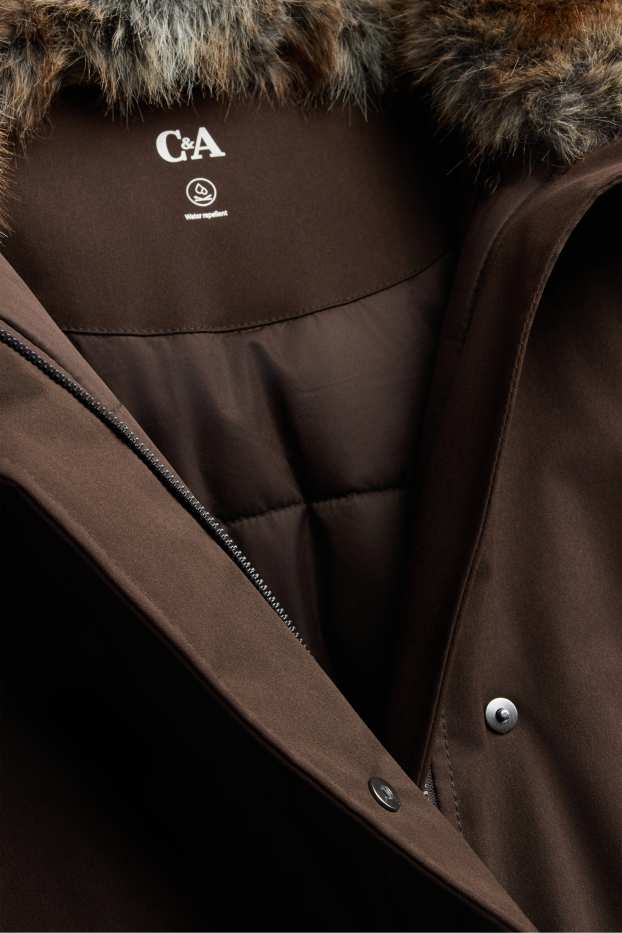 Femmes - Parka avec capuche et garniture en imitation fourrure - finition déperlante - marron foncé