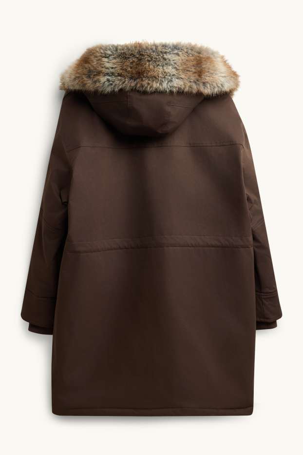 Femmes - Parka avec capuche et garniture en imitation fourrure - finition déperlante - marron foncé