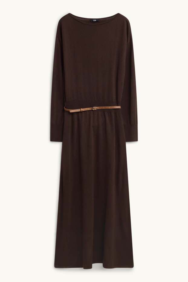 Donna - Vestito in maglia con cintura - straight fit - marrone scuro
