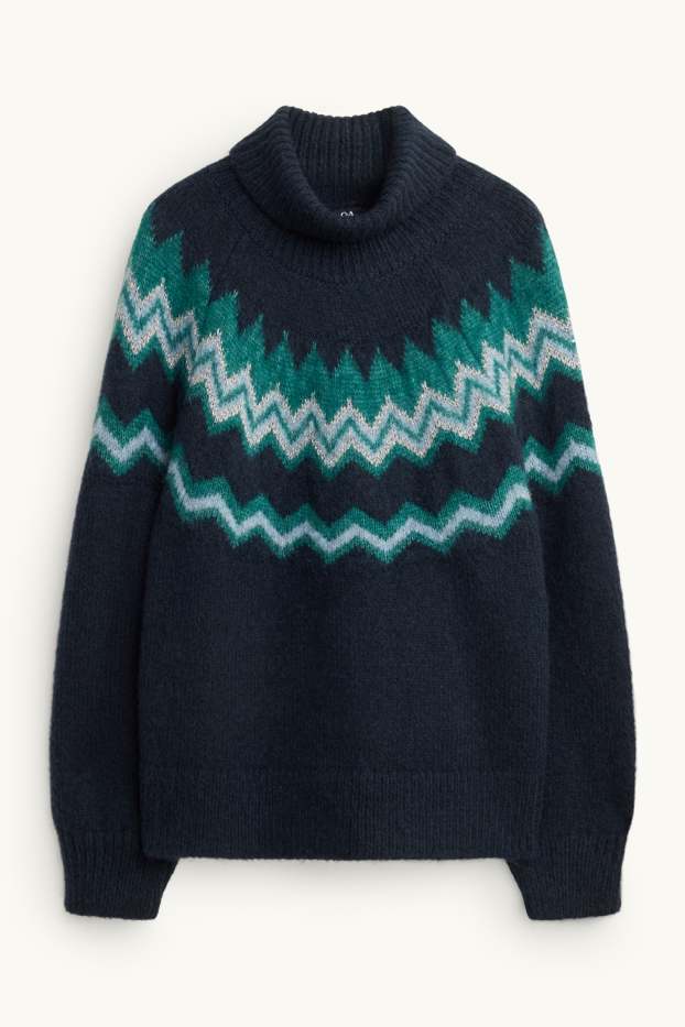 Damen - Rollkragenpullover - gemustert - Glanz-Effekt - dunkelgrün / dunkelblau