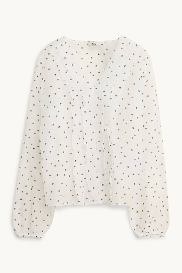 Women - Chiffon blouse with V-neck - polka dot - white / black