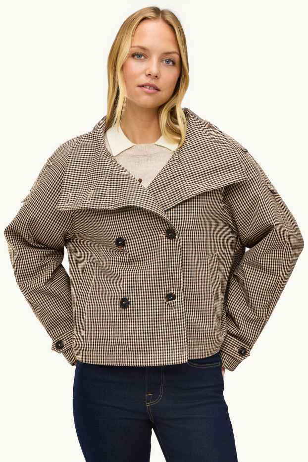 Damen - Crop Trenchcoat - kariert - beige