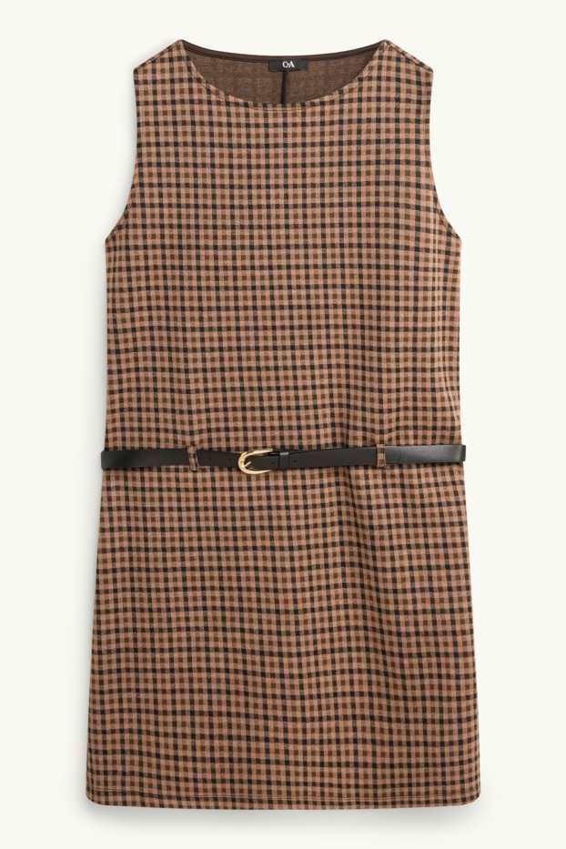 Women - Dress with belt - straight fit - check - brown