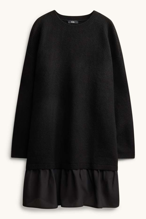 Women - Knitted dress - ribbed - 2-in-1 look - black