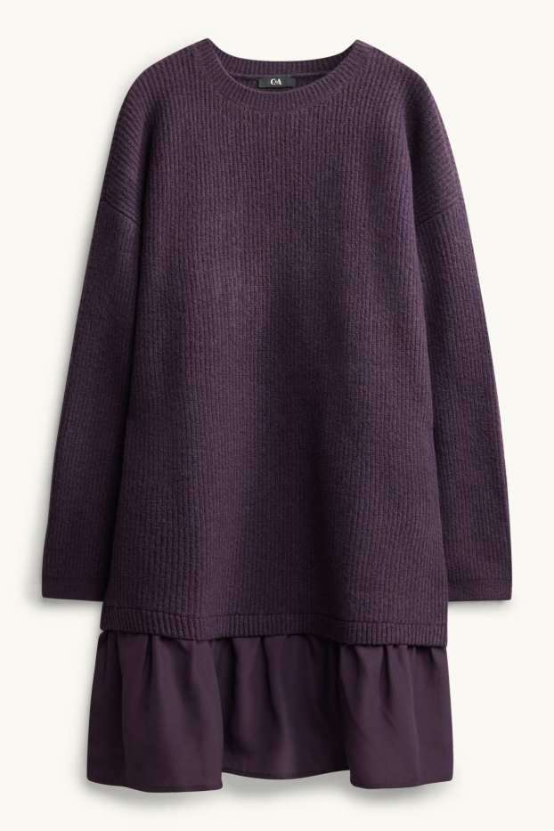Women - Knitted dress - ribbed - 2-in-1 look - violet