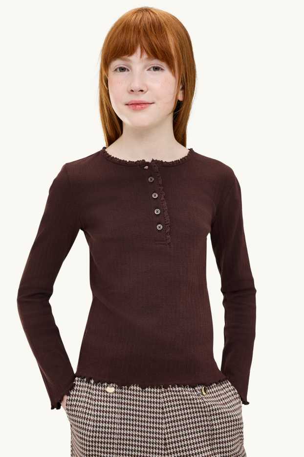 Kinder Mädchen - Pointelle-Langarmshirt - dunkelbraun
