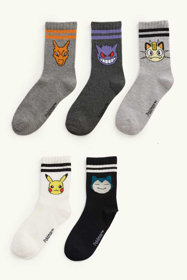 Enfants garçons - Lot de 5 paires - Pokémon - chaussettes à motif - blanc / gris