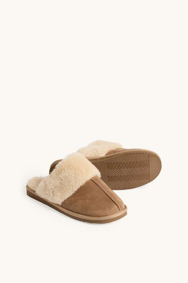 Dames - Pantoffels van imitatiebont - bruin / beige
