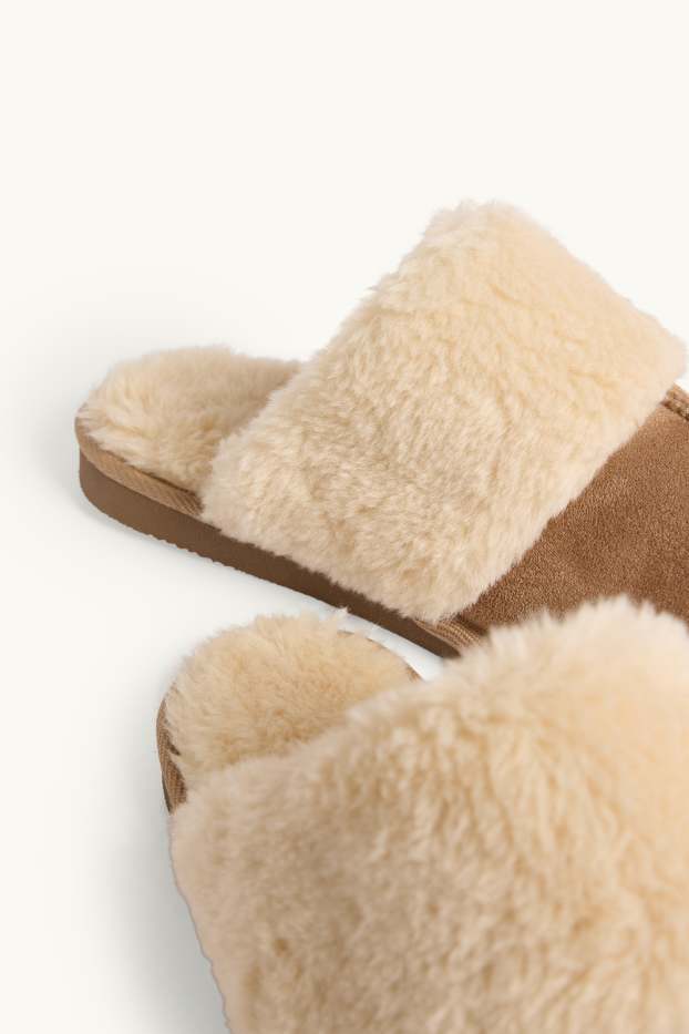 Dames - Pantoffels van imitatiebont - bruin / beige