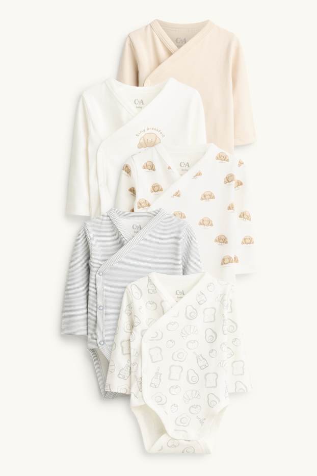 Unisex - Multipack of 5 - breakfast and croissant - wrapover baby bodysuit - beige / blue