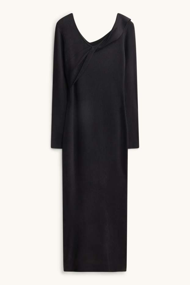 Damen - Strickkleid mit V-Ausschnitt - Straight Fit - gerippt - schwarz