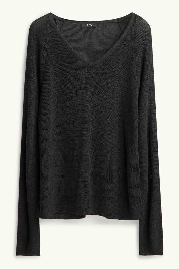 Femmes - Pull avec encolure en V - finition brillante - noir