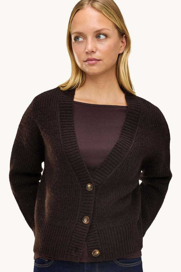 Femmes - Gilet en maille - finition côtelée - marron