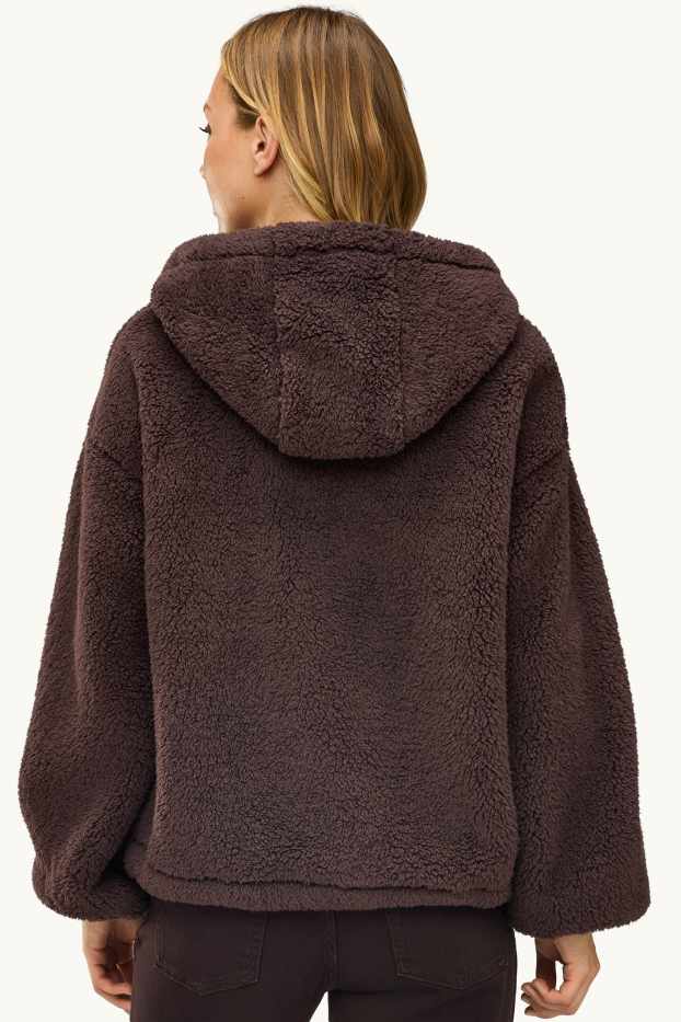 Damen - Teddy-Jacke mit Kapuze - dunkelbraun