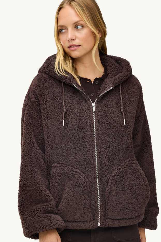 Damen - Teddy-Jacke mit Kapuze - dunkelbraun