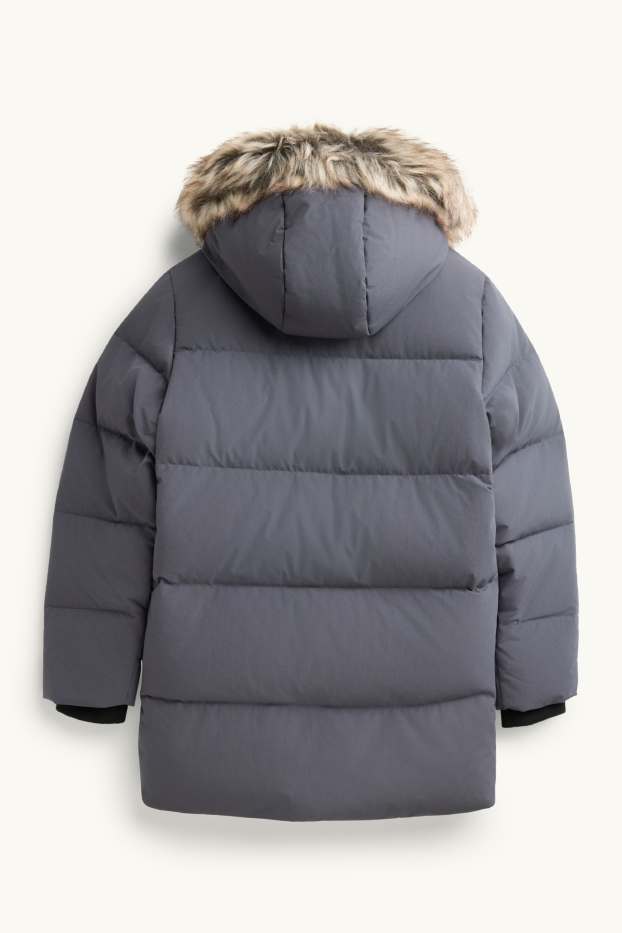 Children Boys - Quilted down jacket with faux fur trim and hood - lined - dark gray