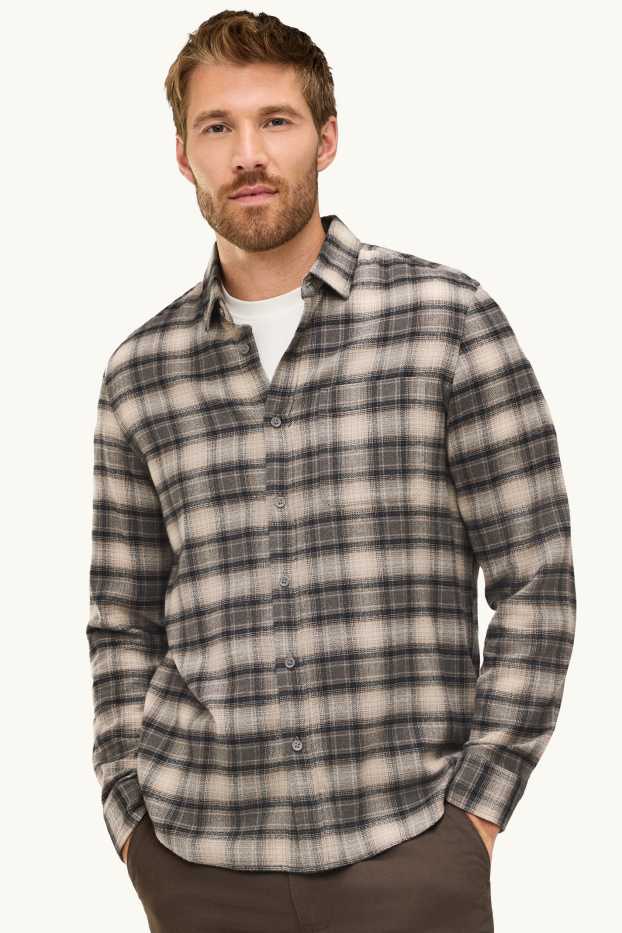 Pánské - Košile - regular fit - kent - kostkovaná - šedá/hnědá