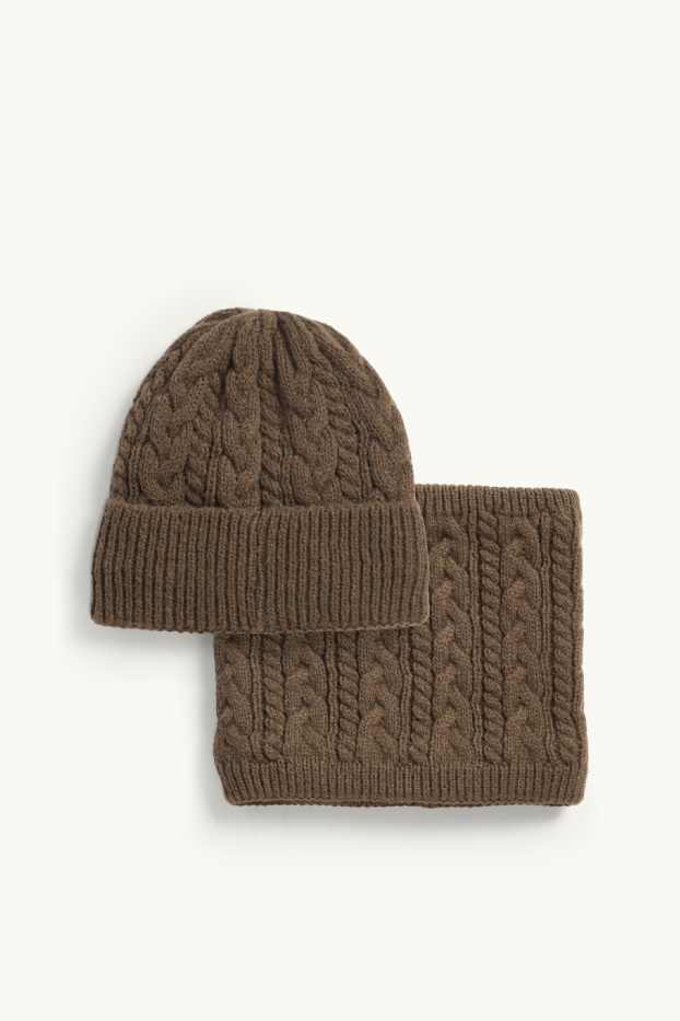 Enfants garçons - Ensemble - bonnet et tour de cou - 2 pièces - motif tressé - marron