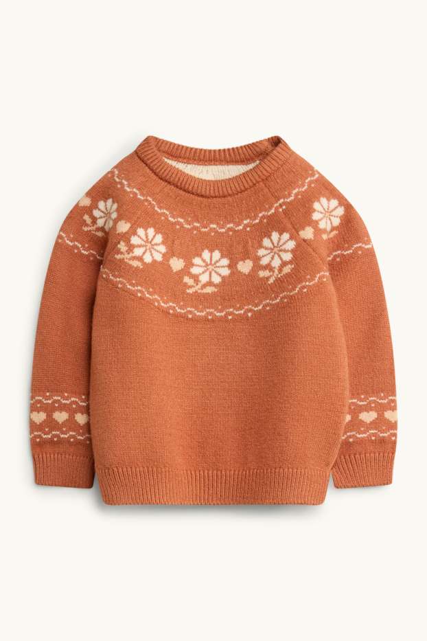Baby Mädchen - Blümchen und Herzchen - Baby-Pullover - rostbraun