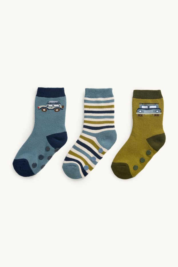 Bambini - Confezione da 3 - calze antiscivolo - motivo auto - verde / blu scuro