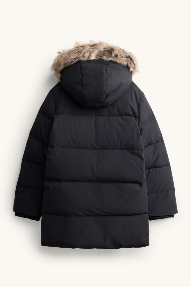 Kinderen: jongens - Donsjas met stiksels, rand van imitatiebont en capuchon - gevoerd - zwart