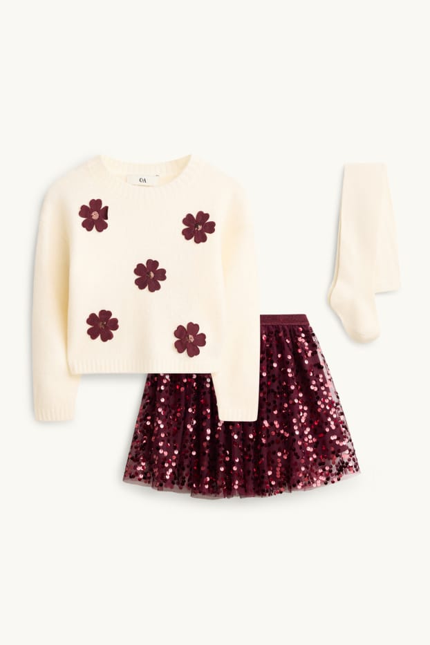 Kinder Mädchen - Blume - Set - Pullover, Pailletten-Rock und Strumpfhose - cremeweiß
