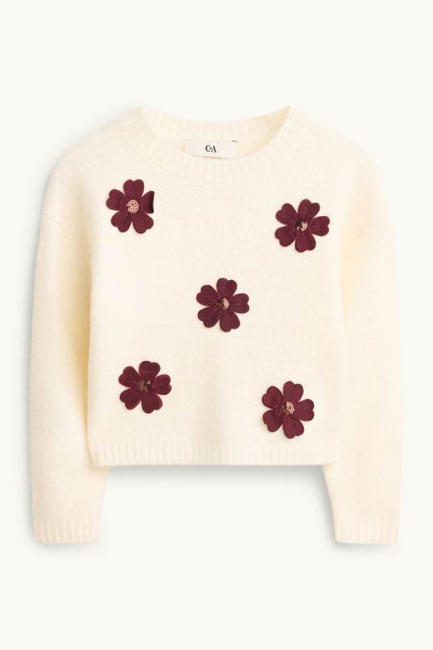 Kinder Mädchen - Blume - Set - Pullover, Pailletten-Rock und Strumpfhose - cremeweiß