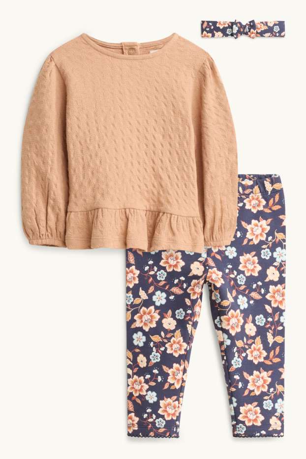 Miminka - dívky - Květiny - termo outfit pro miminka - 3dílný - hnědá/tmavomodrá