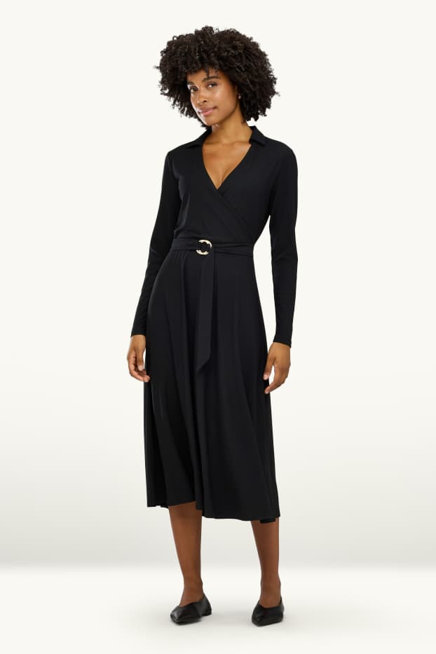 Damen - Fit & Flare Kleid mit Gürtel - schwarz