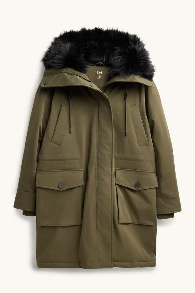 Femmes - Parka à capuche avec une garniture en imitation fourrure - déperlante - kaki