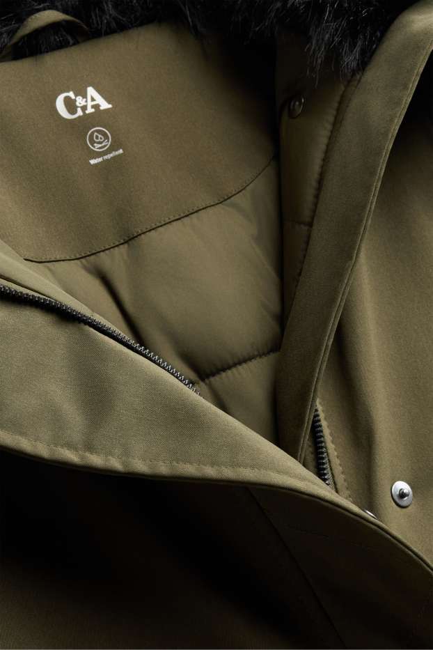 Femmes - Parka à capuche avec une garniture en imitation fourrure - déperlante - kaki