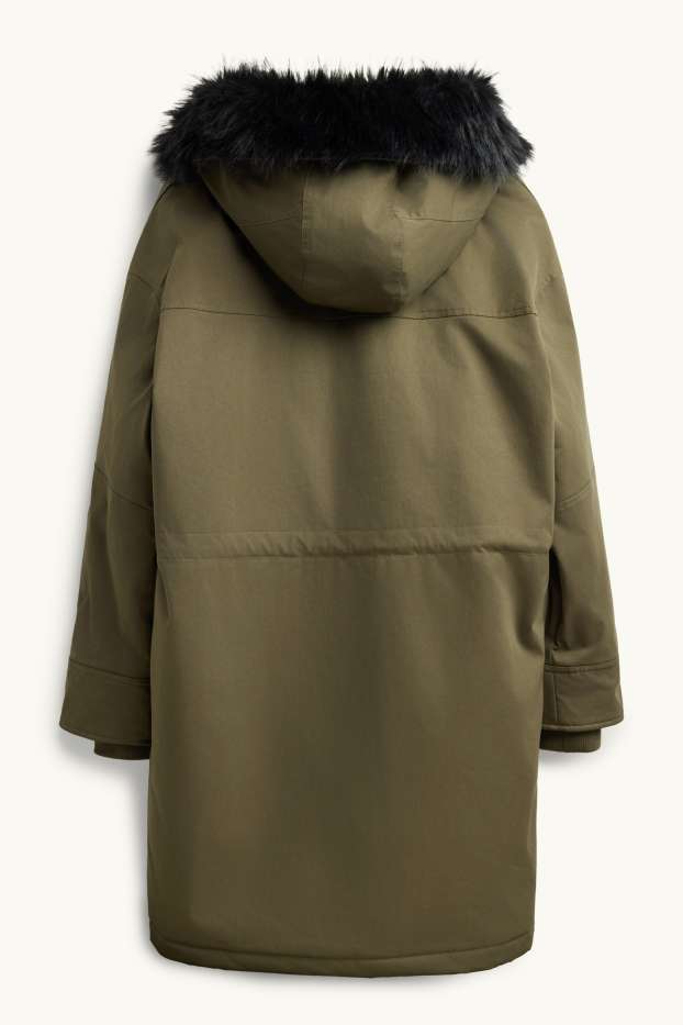 Femmes - Parka à capuche avec une garniture en imitation fourrure - déperlante - kaki