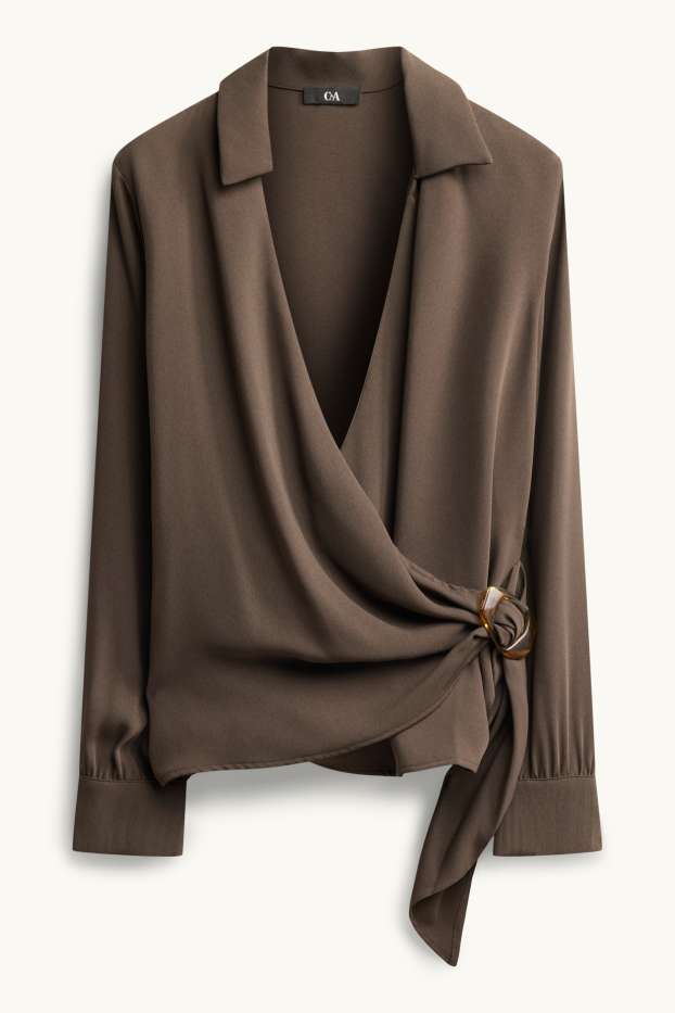 Dames - Satijnen wikkelblouse met geknoopt detail - donkerbruin