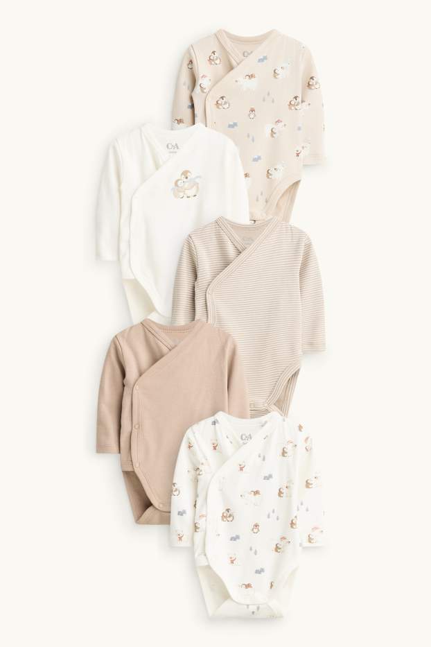 Unisex - Multipack of 5 - penguin and polar bear - wrapover baby bodysuit - beige