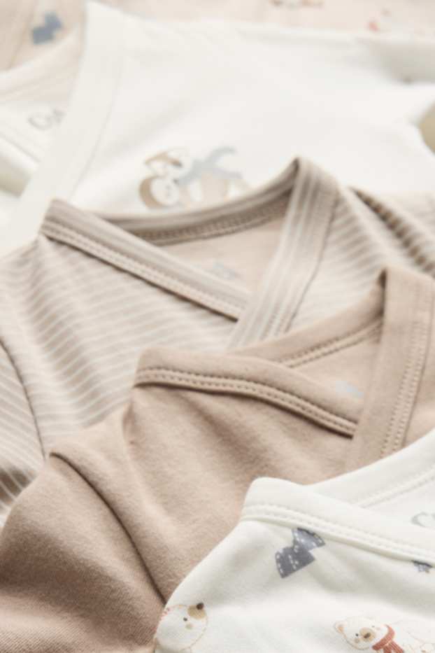 Unisex - Multipack of 5 - penguin and polar bear - wrapover baby bodysuit - beige