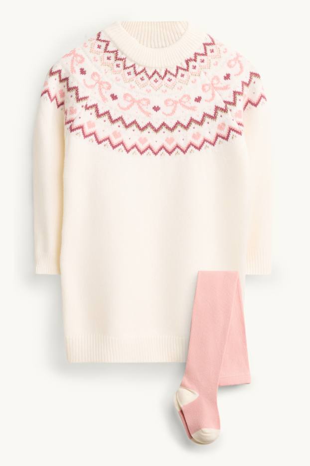 Children Girls - Bow - set - knitted dress and tights - 2 piece - cremewhite