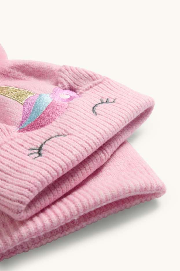 Kinder Mädchen - Einhorn - Set - Bommelmütze und Loop Schal - 2 teilig - rosa
