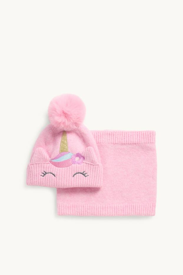 Kinder Mädchen - Einhorn - Set - Bommelmütze und Loop Schal - 2 teilig - rosa