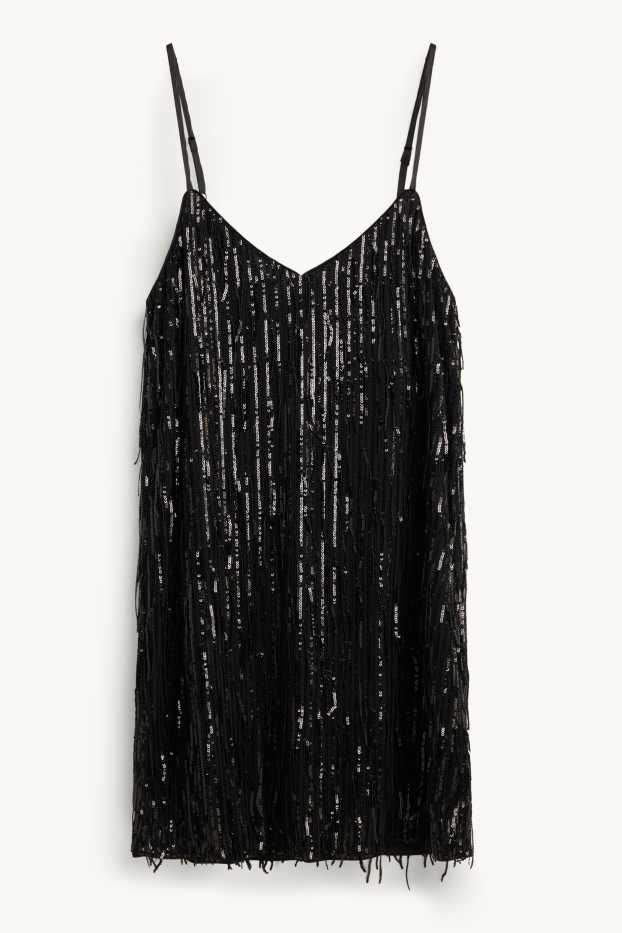 Women - Sequin dress with V-neck and fringing - straight fit - black / silver