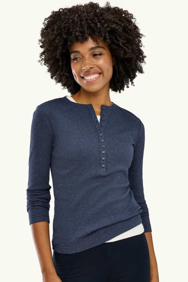 Femei - Tricou henley - slim fit - reiat - albastru închis