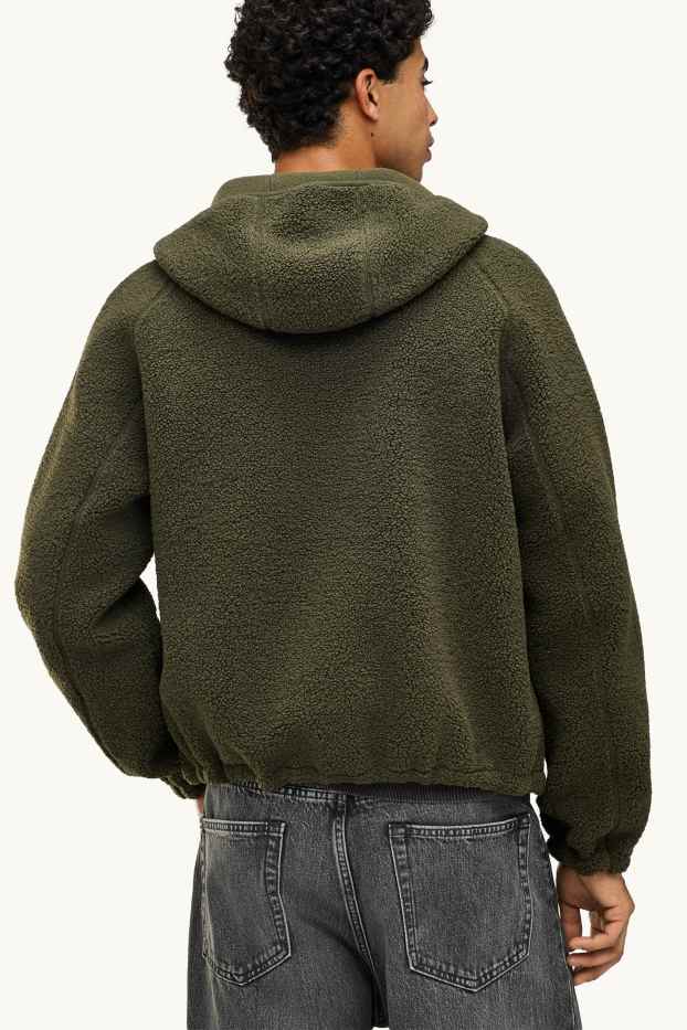Men - Teddy fur jacket with hood - dark green