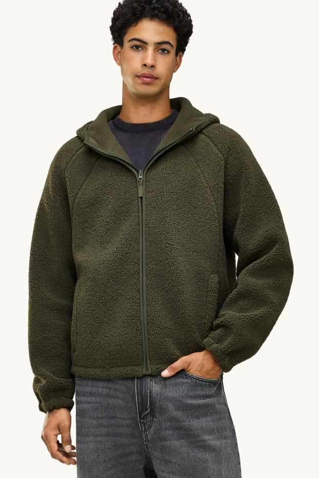 Men - Teddy fur jacket with hood - dark green