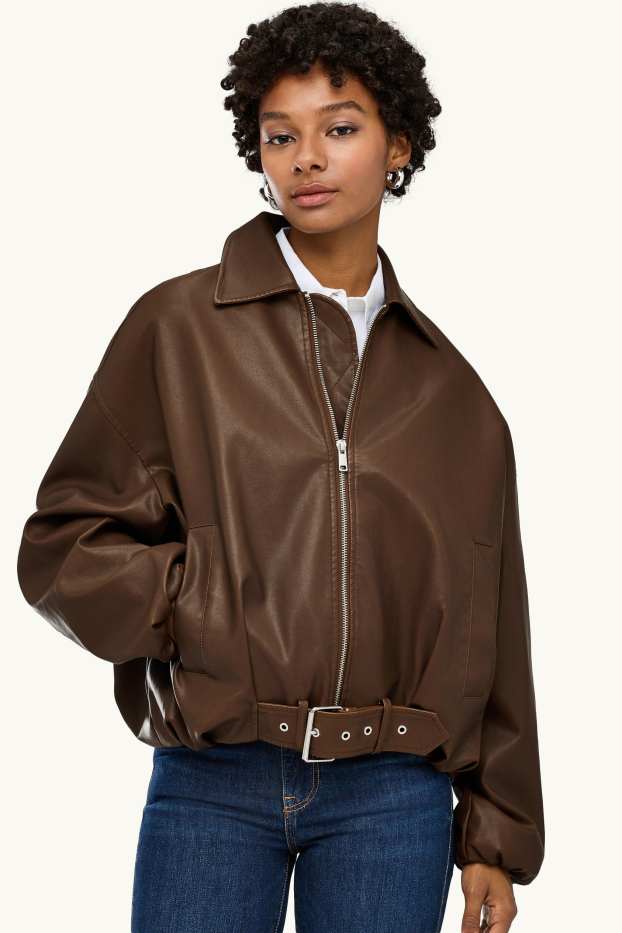 Femmes - Blouson de motard - matière synthétique - marron