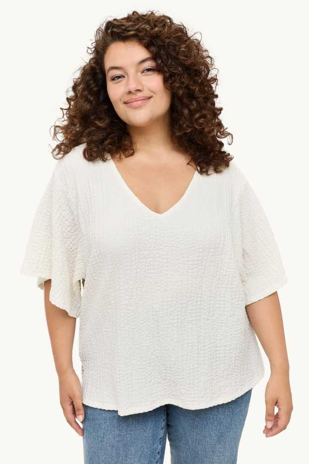 Damen - T-Shirt mit V-Ausschnitt - Regular Fit - cremeweiss